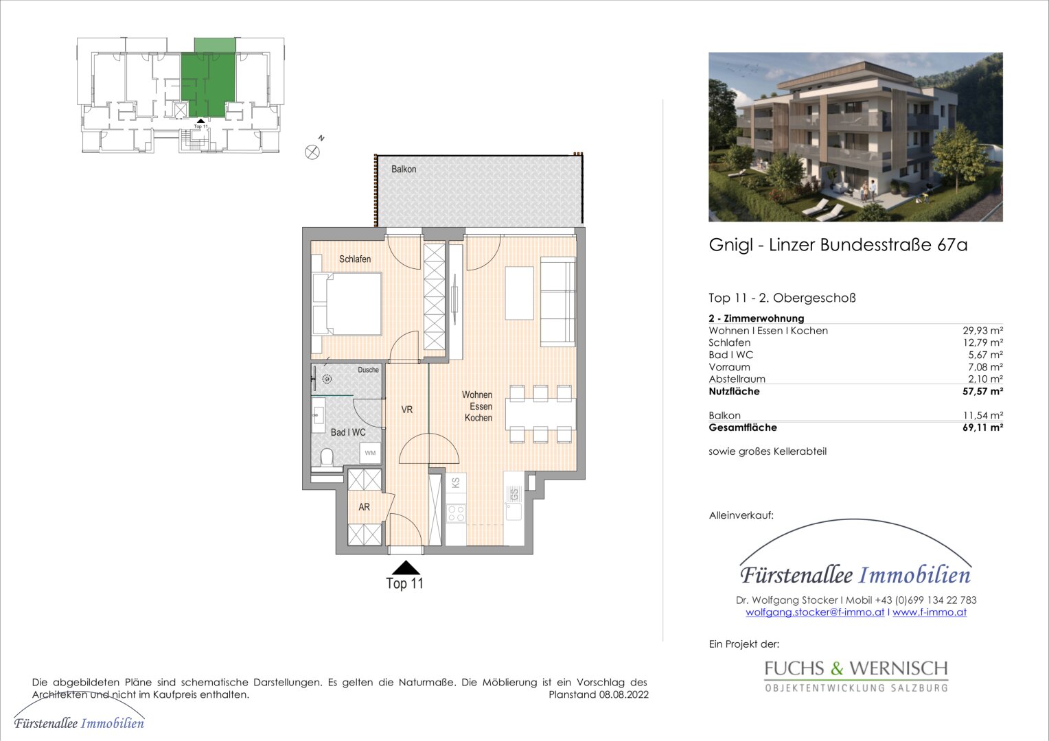 KAUF SALZBURG-STADT: NEUBAU/ERSTBEZUG - LINZER BUNDESSTRASSE 67: 58 m² 2-Zimmer-Wohnung - mit 12 m² Balkon - Top W 11 - bezugsfertig binnen 4-6 Wochen