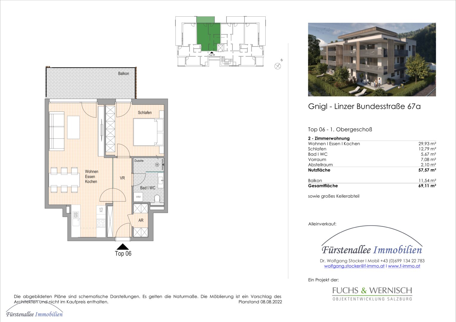 KAUF SALZBURG-STADT: NEUBAU/ERSTBEZUG - LINZER BUNDESSTRASSE 67: 58 m² 2-Zimmer-Wohnung - mit 12 m² Balkon - Top W 6 - bezugsfertig binnen 4-6 Wochen