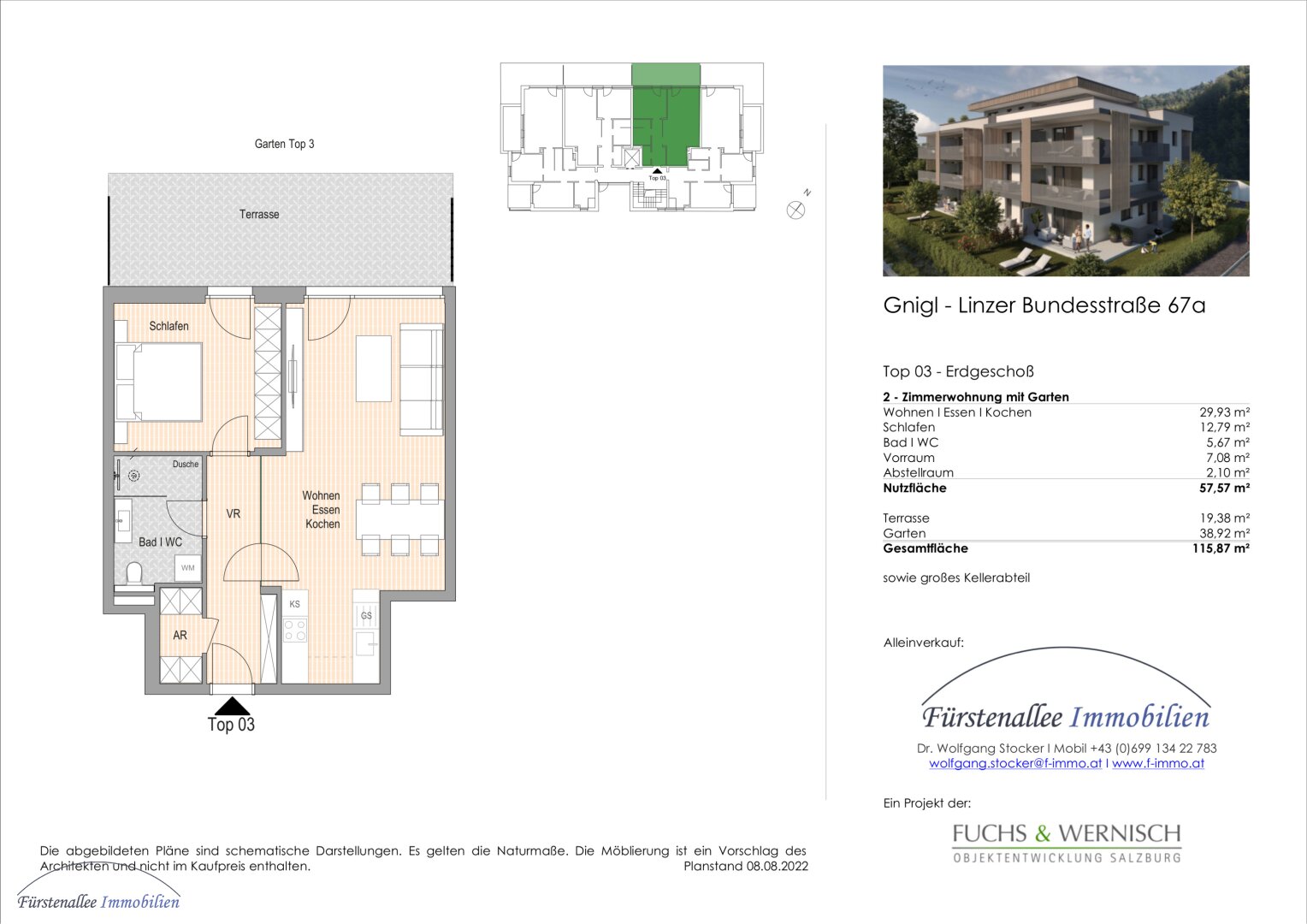 KAUF SALZBURG-STADT: NEUBAU/ERSTBEZUG - LINZER BUNDESSTRASSE 67: 58 m² 2-Zimmer-Gartenwohnung - mit 58 m² Eigengarten und Terrasse - Top W 3  - bezugsfertig binnen 4-6 Wochen