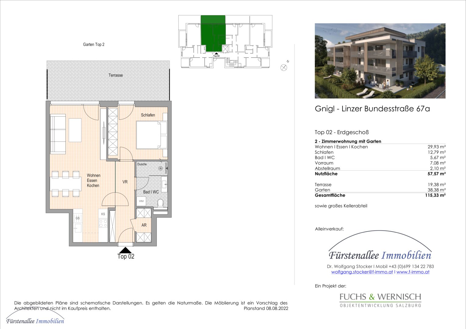 KAUF SALZBURG-STADT: NEUBAU/ERSTBEZUG - LINZER BUNDESSTRASSE 67: 58 m² 2-Zimmer-Gartenwohnung - mit 58 m² Eigengarten und Terrasse - Top W 2 - bezugsfertig binnen 4-6 Wochen