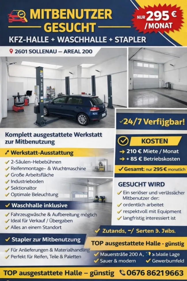 Mitbenutzer gesucht!!! Große Halle, Werkstatt mit Lichtkuppel, Sektionaltor 5m breit, 4,10m hoch und WC, inkl. PKW Parkplatz und 2 Hebebühnen - Bild