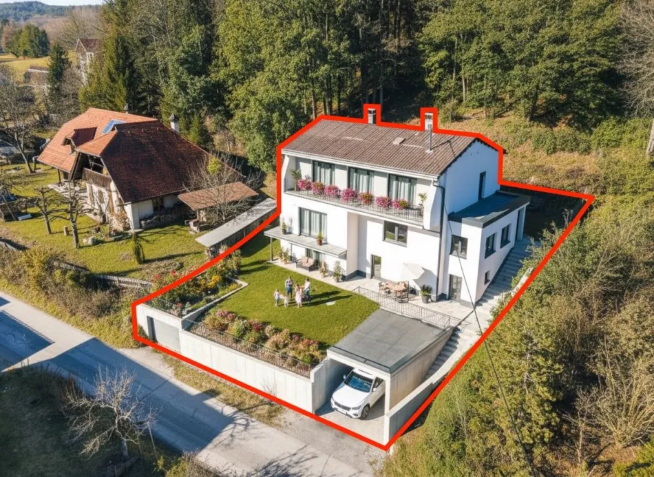 Luftbild mit eingezeichnetem Grundstück