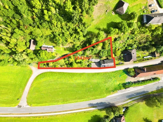 Luftbild mit Haus und eingezeichnetem Grundstück