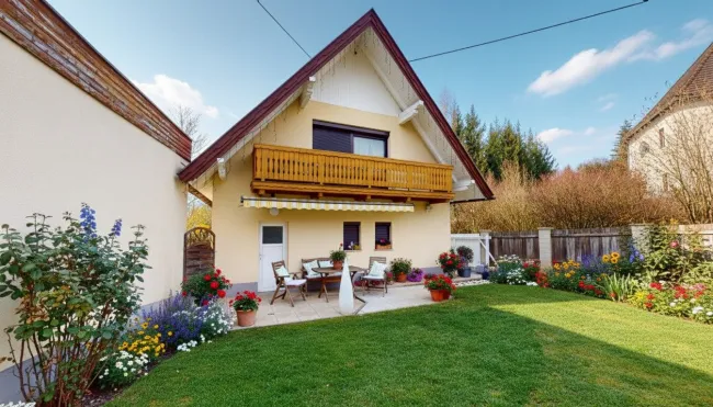 Luftbild vom Haus mit eingezeichnetem Grundstück