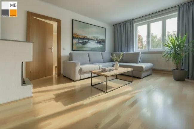 Wohnzimmer Einrichtungsbeispiel mit moderner Kaminverkleidung - KI generiert
