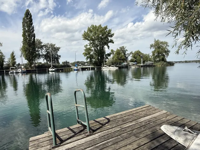 große UFERPAZRELLE mit privatem Badesteg am Neufelder See – Holzhaus mit Renovierungsbedarf beim Yachtclub auf Pachtgrund zu verkaufen - Bild