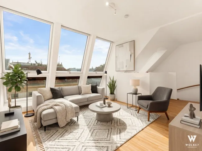 Traumhafte Dachgeschoß-Maisonette-Wohnung: 1 Gehminute zum Aumannplatz | Klimaanlage - Titelbild