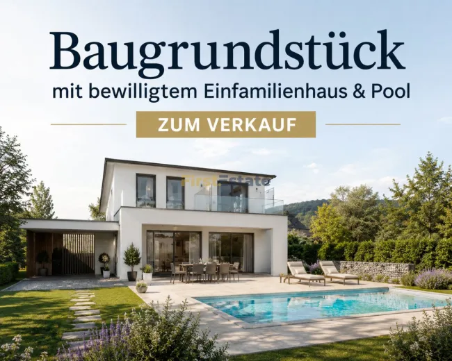 Bewilligung inklusive! Baugrundstück mit Einfamilienhaus & Pool – Ruhige Grünlage in Alland nahe Wien - Titelbild