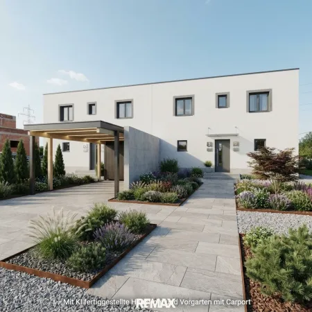 Mit KI fertiggestellte Hausfront, Carport und Vorgarten