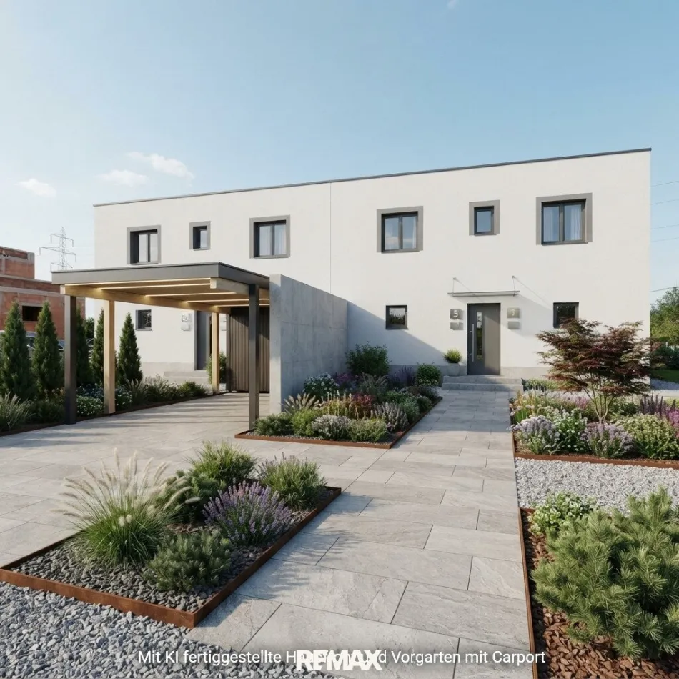 Mit KI fertiggestellte Hausfront, Carport und Vorgarten