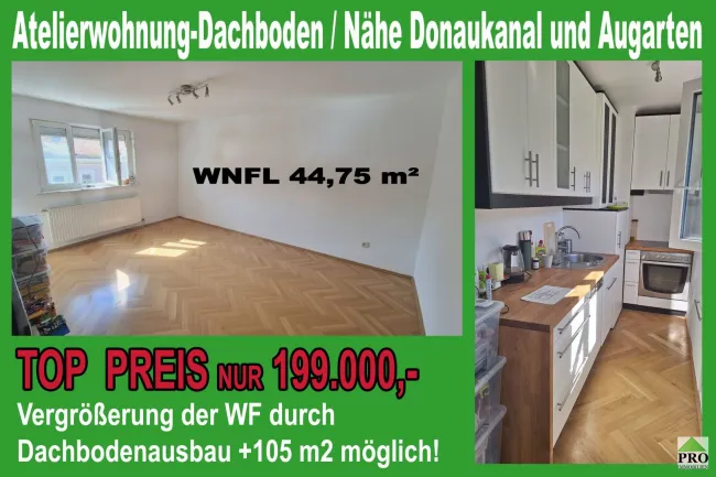 Vollrenovierte sonnige Dachgeschoßwohnung. Potential zur Erweiterung des Rohdachbodens/Nähe Donaukanal und Augarten - Titelbild