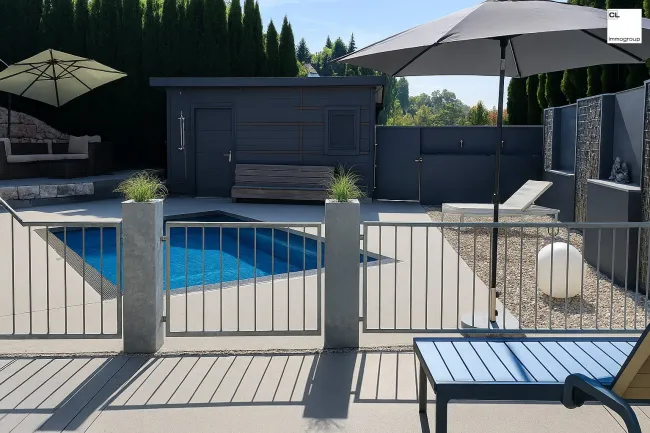Blick vom EG-Wohnzimmer Richtung Garten/Pool (Westrichtung)