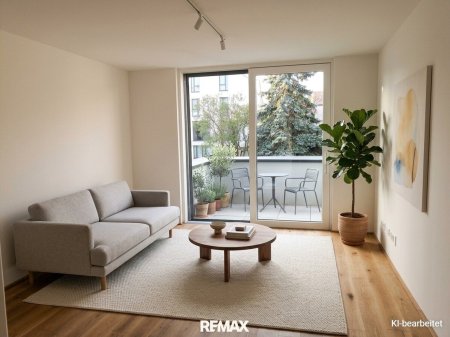Wohnzimmer mit Balkonblick - Symbolfoto KI