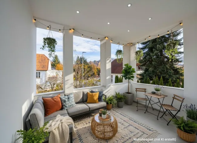 großer Balkon mit Einrichtungsbeispiel (KI erstellt)