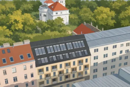 Residential rooftops with historic backdrop