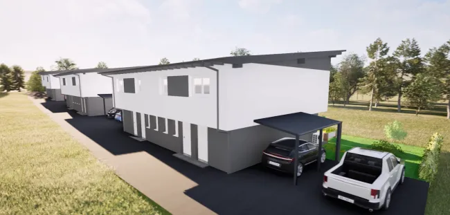 Rückseite mit Carport und Stellplatz