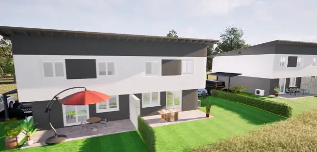 Vorderseite mit Terrasse und Garten