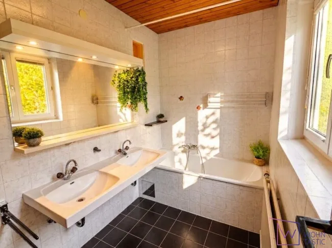 Tageslichtbad mit Badewanne und Doppelwaschtisch
