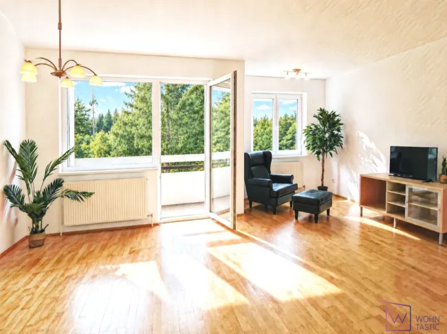 Wohnzimmer mit Loggiazugang und Grünblick