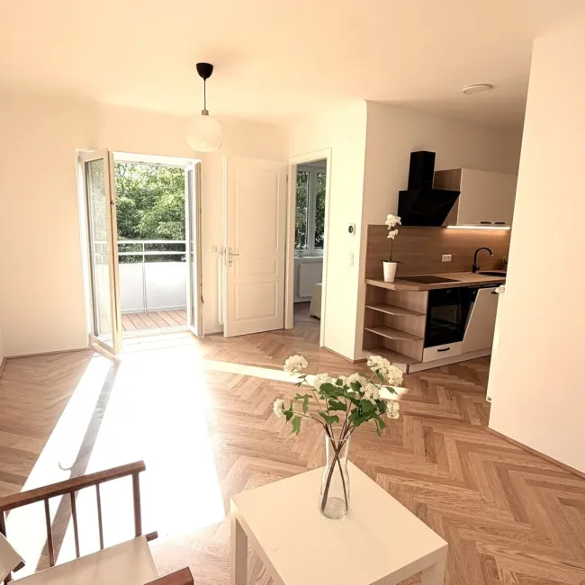 Wohnzimmer mit Blick in Einbauküche