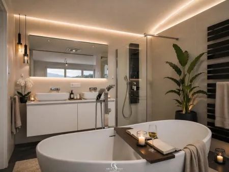 Badezimmer 1 - mit freistehender Badewanne und Dusche