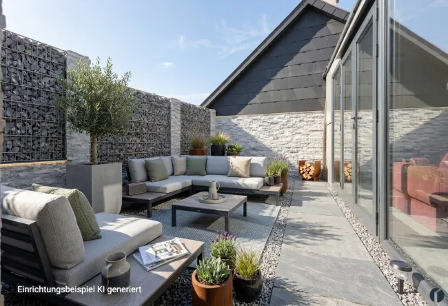 Terrasse zwischen den Gebäuden  - KI generierte Einrichtung