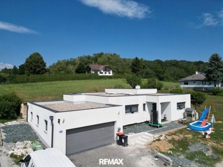 Ansicht mit Zufahrt und Garage