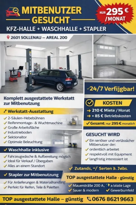 Mitbenutzer gesucht!!! Große Halle, Werkstatt mit Lichtkuppel, Sektionaltor 5m breit, 4,10m hoch und WC, inkl. PKW Parkplatz und 2 Hebebühnen