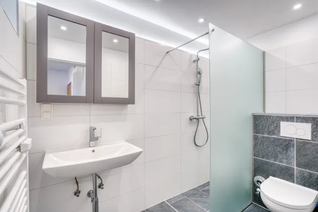 Badezimmer, mit Duschnische und WC-Anlage