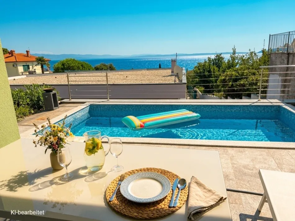 Lovran – Exklusives Erdgeschoss-Apartment mit privatem Pool und traumhaftem Meerblick, ganzjährig bewohnbar - Titelbild