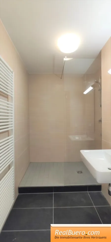 Badezimmer mit Dusche, Handwaschbecken und Sprossenheizkörper