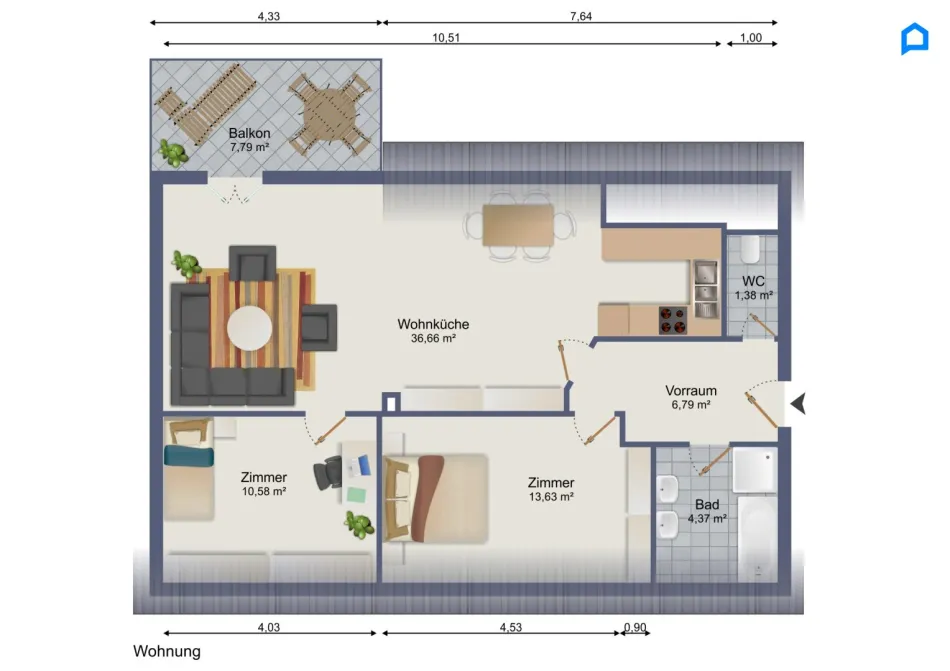 Nahe Oberlaa wohnen – helle 3-Zimmer-Wohnung mit riesigem Wohnbereich 36 m² Wohnküche und 7,8 m² Balkon + grüner Innenhof, 1. OG, Dachgeschoss - Bild