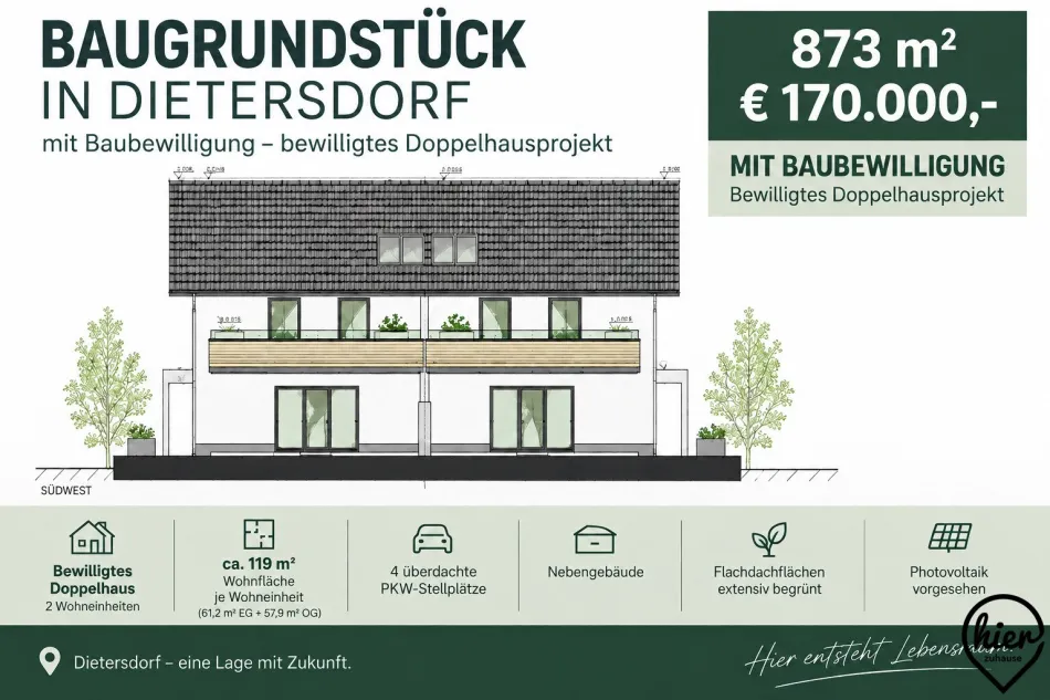 873 m² Baugrundstück mit Baubewilligung für ein Doppelhaus in Dietersdorf - Titelbild