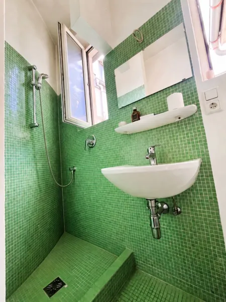 Bad mit Dusche, WC, Waschbecken + Fenster