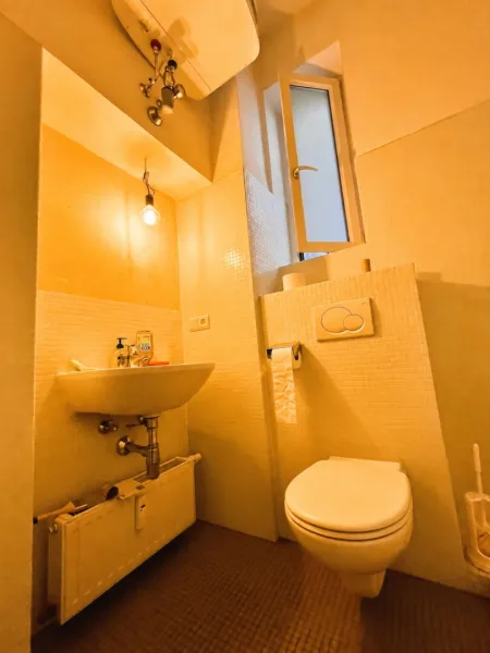 Bad mit Dusche, WC, Waschbecken + Fenster