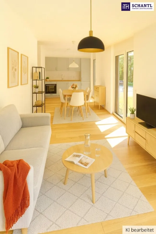 FIRE SALE! Barfuß ins Gras. Direkt vom Wohnzimmer aus. Den Sommer bereits im eigenen Garten verbringen! TOP Neubauwohnung mit viel Freiraum! 3 Zimmer + Grün wohin das Auge reicht + Luftwärmepumpe! - Bild