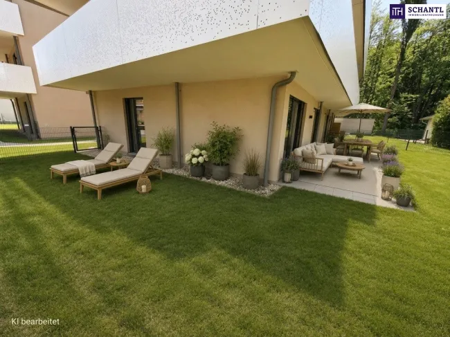 FIRE SALE!! Ein Stück Natur - ganz für sich allein! Das perfekte Familienparadies! Geniale Neubauwohnung mit WOW-Effekt! Riesiger Eigengarten und Terrasse + 4 Zimmer + Grün wohin das Auge reicht + Luftwärmepumpe! - Bild