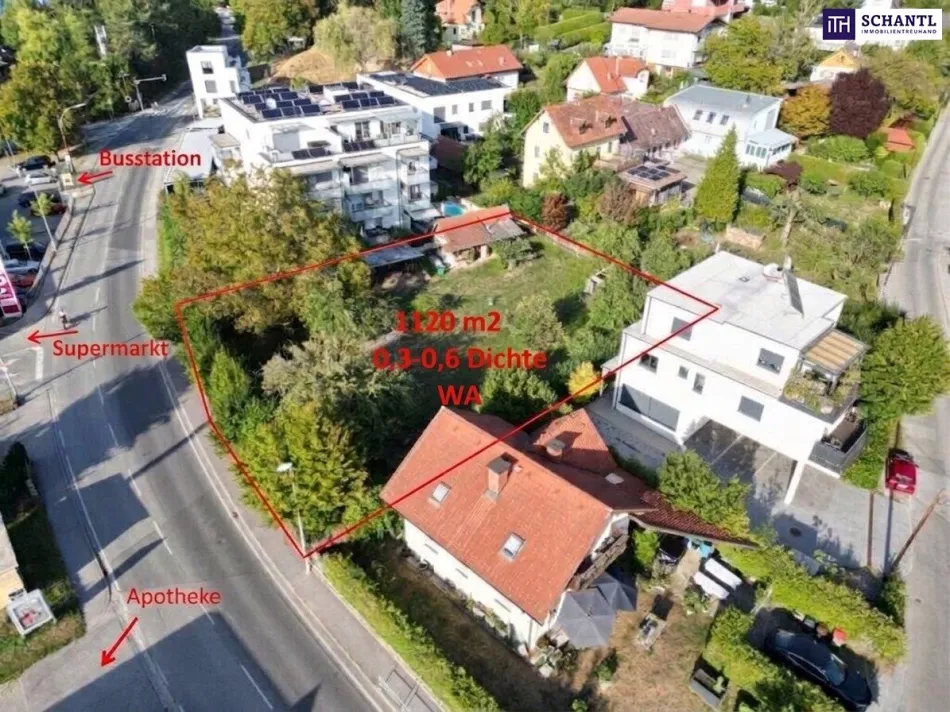 Ordination, Büro und Wohnen: Baugrund mit 0,6er-Dichte (WA) an der Radegunderstraße in Graz-Andritz - eben, gegenüber Supermarkt, Apotheke und Bushaltestelle. - Bild