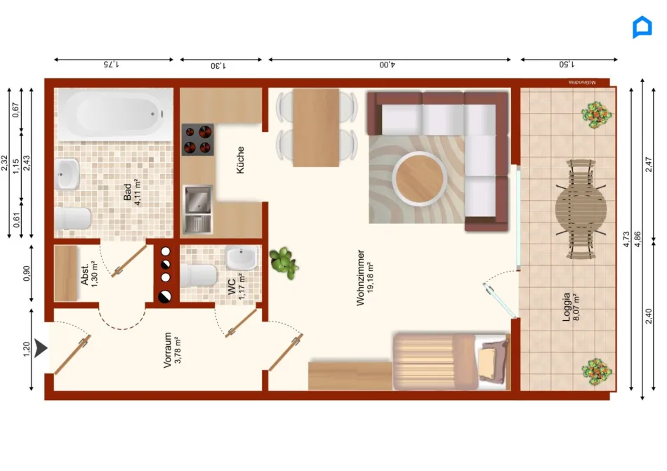 U-Bahn-Nähe, helles 1 Zimmer Apartment (1.OG) mit verglaster Loggia, schönes Bad, WC, Garagen-Stapelparkplatz optional anmietbar, Gartenbenützung - Bild