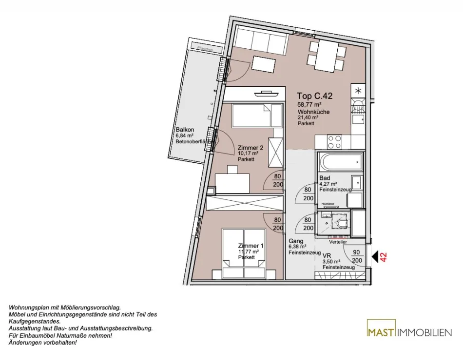 5. Stock - 3 Zimmer Wohnung im Projekt An der Schanze bei der Alten Donau - Bild