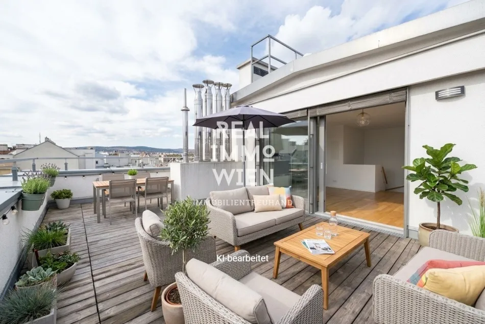Exklusive 4-Zi-Dachgeschosswohnung mit 35 m² Terrasse & Balkon - Optional zwei Stapelgaragen-Stellplätze - Titelbild