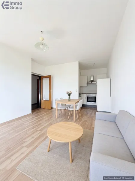 Wohnzimmer mit Küche, Einrichtungsbeispiel KI-visualisiert