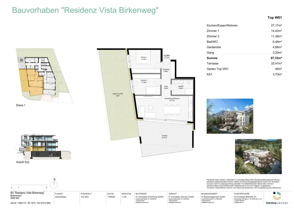 Top W01, 3-Zimmer-Gartenwohnung in exklusiver Ruhelage, "Residenz Vista Birkenweg", 6068 Mils - Bild