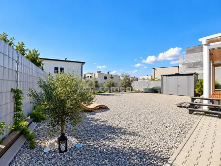 Pflegeleicht gestalteter Garten mit Olivenbäumen und viel Freiraum
