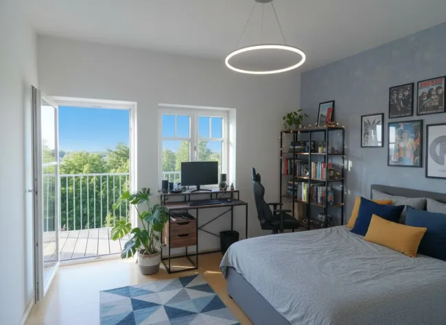 Zimmer mit Balkon: KI generierte Einrichtung