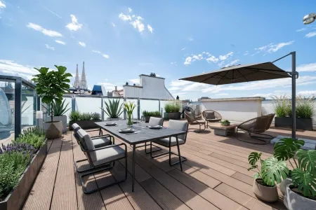 Dachterrasse Ebene 3 mit Möblierungsvorschlag KI