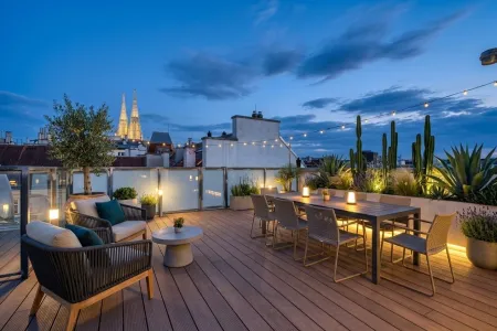 Dachterrasse Ebene 3 mit Möblierungsvorschlag KI