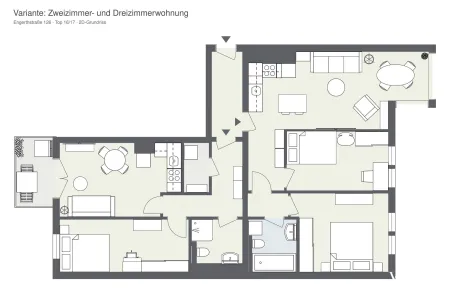 Grundriss 2D - 2 Zimmer und 3 Zimmervariante