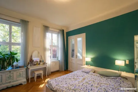 Schlafzimmer mit Zugang zum Wintergarten (dzt. Büro)