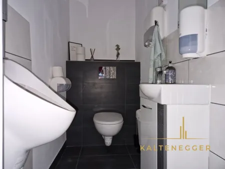 Zwischenstock von EG und 1. OG: WC, Pissoir + Waschbecken